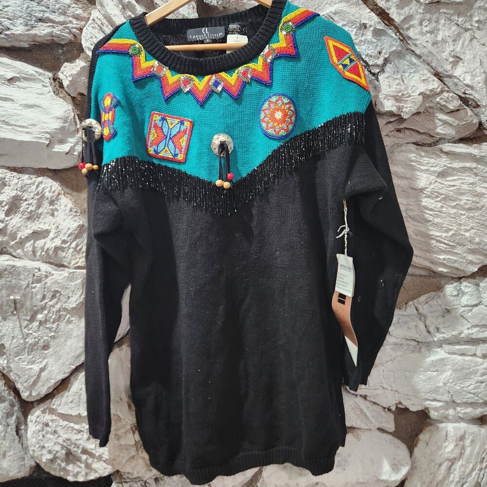 Vintage Western Navajo Beaded Long Sleeve Sweater Multi Color New Women's Small